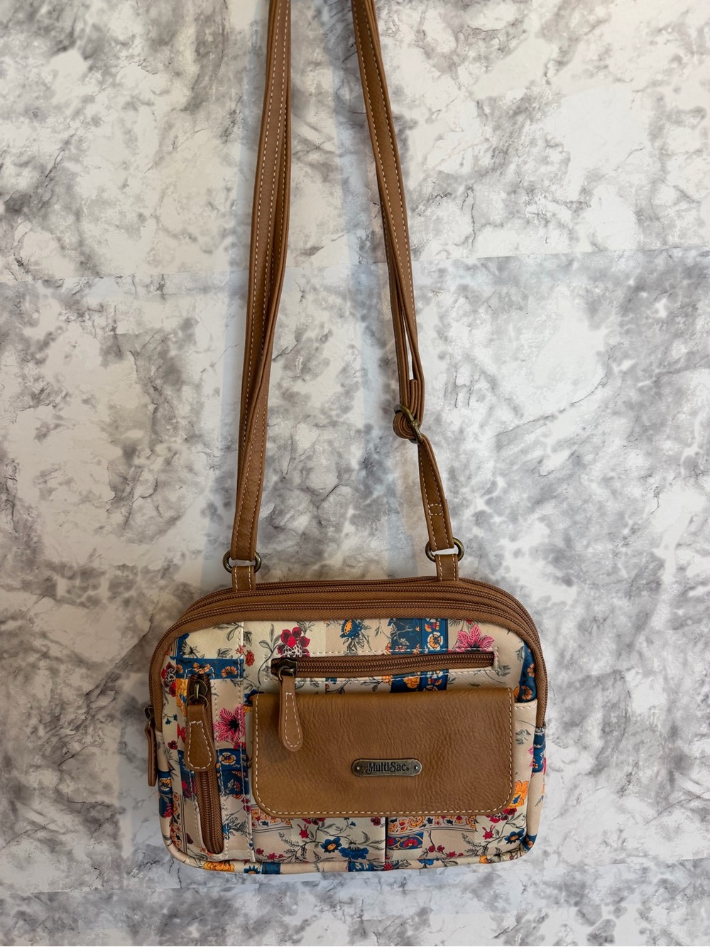 Multisac Floral Patchwork Purse/ cross body with Tan Trim